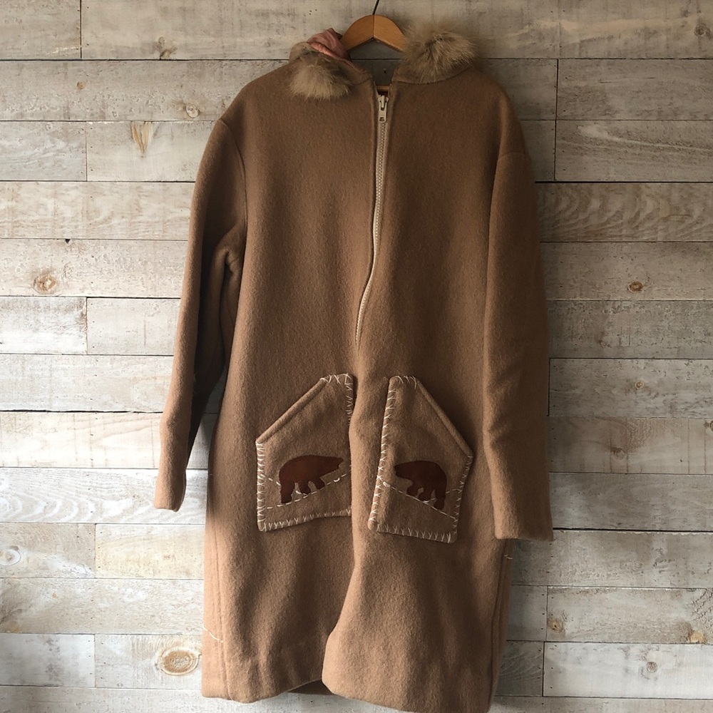 Genuine wool Tan Hooded Coat with leather applique Bear Design